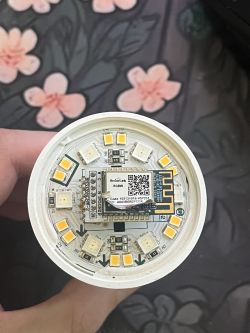 Interior of a Smart Bulb with Broadlink Module Close-up of a smart bulb interior showing LEDs and a Broadlink module.