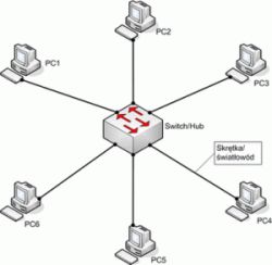 Diagram połączenia sieciowego z komputerami podłączonymi do switcha.