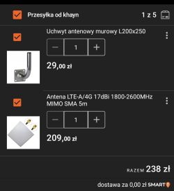 Zrzut ekranu koszyka z uchwytem antenowym i anteną LTE/4G MIMO, razem 238 zł