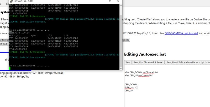 PuTTY terminal showing UART debug logs and web editor with /autoexec.bat script
