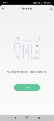 Smart IR app screen indicating no IR device found with an add button.
