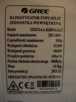 Tabliczka znamionowa klimatyzatora Gree model GEH12AA-K6DNA1A/I z danymi technicznymi.