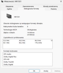 Okno ustawień właściwości dźwięku dla urządzenia NR1501 z obsługiwanymi formatami audio.