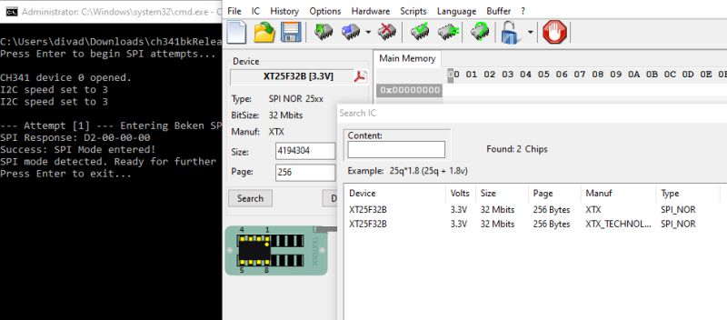 Detected SPI NOR memory chips XT25F32B using a chip reading tool and CH341.