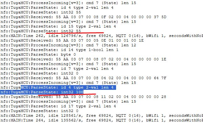 TuyaMCU communication logs with target temperature highlighted TuyaMCU logs showing DP data, with highlighted field indicating target temperature value