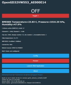 Screenshot of OpenGD32VW553 status page showing OFF toggle and BME68X sensor readings.