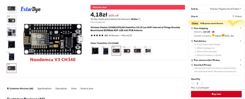 Image of an online store listing for the NodeMCU V3 CH340 module, priced at 4.18 PLN.