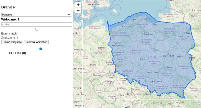 Map interface showing Poland's border with control panel on the left