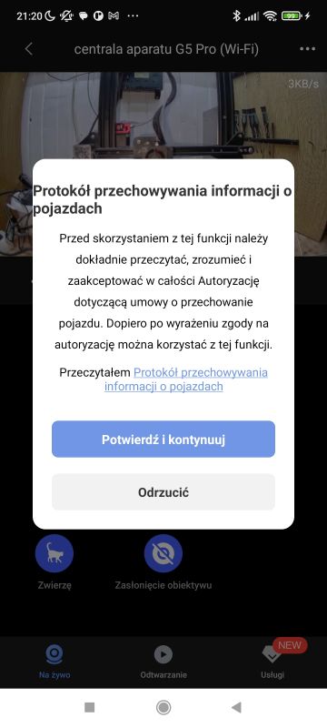 Komunikat dotyczący przechowywania informacji o pojazdach na ekranie aplikacji kamery