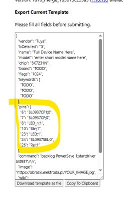 Screenshot of device template editor with highlighted pin assignments section
