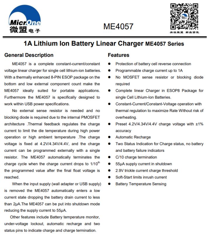ME4057 datasheet for 1A linear charger IC for single-cell lithium-ion batteries