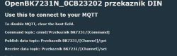Screenshot of OpenBK7231N showing MQTT topic patterns for a relay device