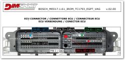 ECU connector with labeled pin numbers and functions, shown in a DIMSPORT manual excerpt.