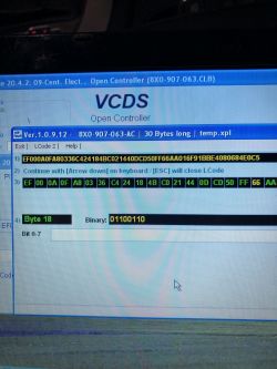 A computer screen with the VCDS program open, displaying controller coding on channel 09 with byte 18 highlighted and set to binary value 01100110.