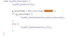 Code snippet showing a function that checks sensor mode status in integration with TuyaMCU.