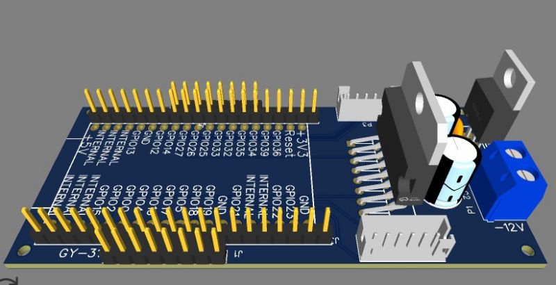 The image shows a PCB design with ESP8266 featuring pins and connectors.