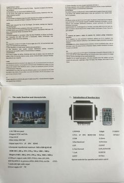 Monitor manual page showing functions, inputs, and a labeled remote control diagram