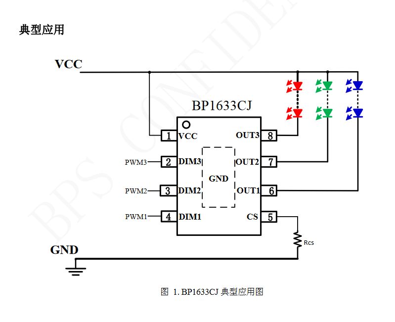 Wiring Diagram of BP1633CJ to LEDs Wiring diagram of BP1633CJ controller to RGB LEDs.