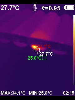 Thermal image showing one overheated battery cell with a temperature of 34.1°C