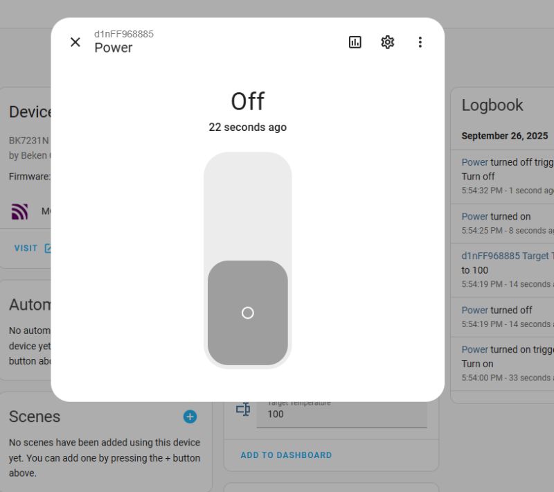 Kettle power switch in Home Assistant interface Device control panel in Home Assistant with power switch set to Off