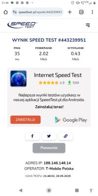 Zrzut ekranu z aplikacji SpeedTest.pl pokazujący wyniki testu prędkości Internetu z siecią T-Mobile — pobieranie 2,02 Mb/s, wysyłanie 0,43 Mb/s, ping 35 ms.