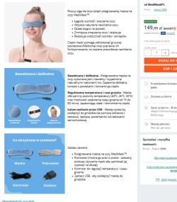 Zrzut ekranu oferty maski grzewczej na oczy MediMask z opisem funkcji i ceną 149,99 zł.