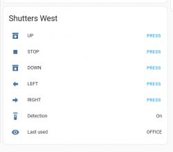User interface controlling shutters with buttons for directions and information on detection and last used option.