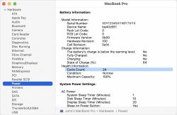 Zrzut ekranu informacji o baterii w MacBook Pro