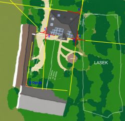 Schemat posesji z oznaczeniami kamer 1–5 i „6 Opcja” oraz liniami zasięgu w żółtym i czerwonym