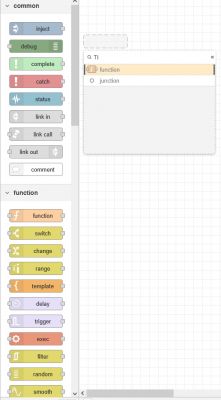 Node-RED editor view with node search.