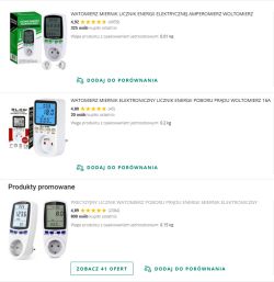 Zrzut ekranu z Allegro z listą watomierzy do gniazdka i cenami oraz ocenami