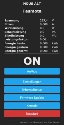 Tasmota interface displaying electrical parameters for NOUS A1T.
