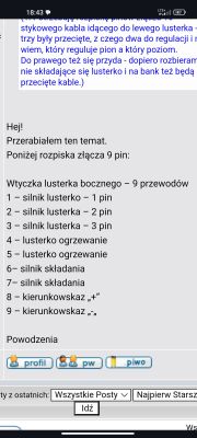 Zrzut ekranu z forum z opisem połączeń pinów wtyczki lusterka bocznego samochodu.