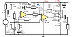 Schemat układu elektronicznego z użyciem wzmacniacza operacyjnego LM358.