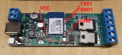 LED CCT WT1 Controller Board with Pin Labels Close-up of the LED CCT WT1 controller board with marked VCC, TXD1, RXD1, and GND pins.