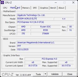 Zrzut ekranu zakładki „Mainboard” z programu CPU-Z przedstawiający szczegóły płyty głównej Gigabyte B550M AORUS ELITE.