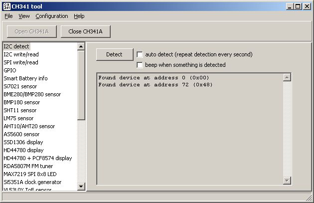 Screenshot of CH341A tool showing an interface for detecting I2C devices.