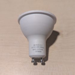LED GU10 9W RGB+CCT Bulb LED bulb with GU10 fitting with inscriptions on the casing.