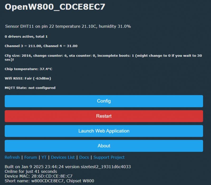 OpenW800 Interface with DHT11 OpenW800 device web interface displaying DHT11 sensor data.