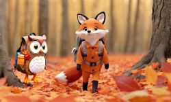 Plush Fox in an Autumn Forest A plush fox with a backpack walking in an autumn forest.