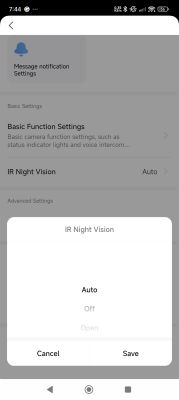 App settings menu showing IR Night Vision options.