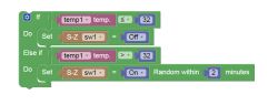 Blockly diagram with temp1 &gt; 32 condition and delayed relay activation