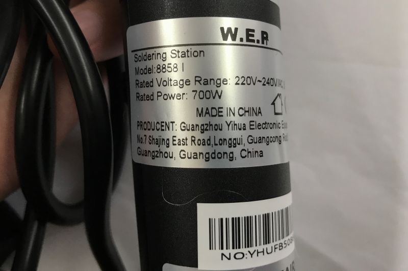 Nameplate on WEP 8858 I soldering station showing specifications and manufacturer details