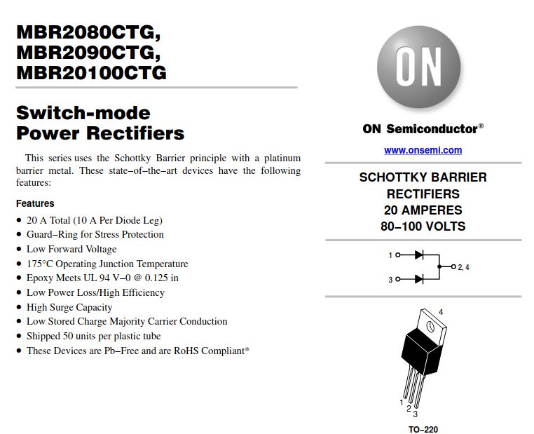 Zrzut z noty katalogowej prostowników Schottky’ego MBR2080CTG/MBR2090CTG/MBR20100CTG firmy ON