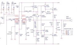 Schemat elektroniczny wzmacniacza z oznaczeniami napięć na tranzystorach.
