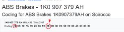 Zrzut ekranu z kodowaniem ABS: „74 3B 60 F5…” i zaznaczonymi „74” oraz „2E”