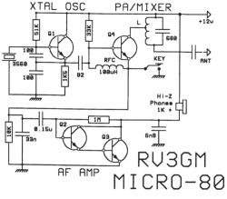 Schemat transceivera z oznaczeniami elementów i ich wartościami.