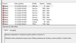 Zrzut ekranu z komunikatami błędów systemowych w dzienniku zdarzeń systemu Windows.