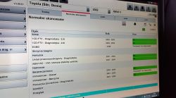 Ekran laptopa z programem diagnostycznym Toyota Diesel 2002 RAV4 II i listą modułów oraz statusami OK.