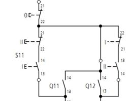 Fragment schematu elektrycznego z oznaczeniami S11, Q11, Q12 i kilkoma liniami połączeń oraz oznaczeniami styków.